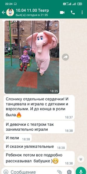 Отзыв аниматор Розовый Слон и кукольный театр на день рождения девочки 3 года