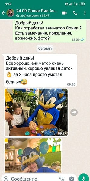 Отзыв на аниматора Ежик Соник на день рождения мальчика